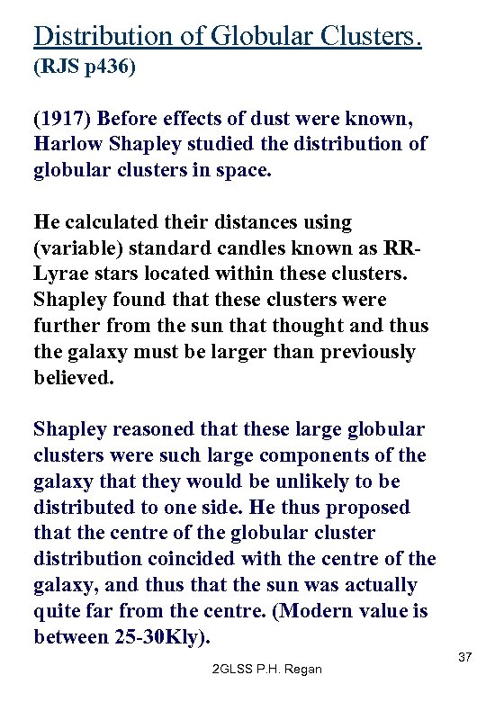 Distribution of Globular Clusters. (RJS p 436) (1917) Before effects of dust were known,