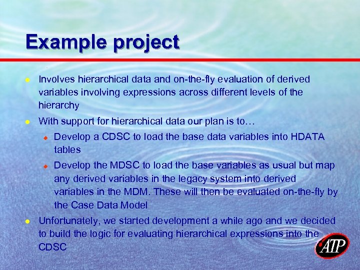Example project l Involves hierarchical data and on-the-fly evaluation of derived variables involving expressions
