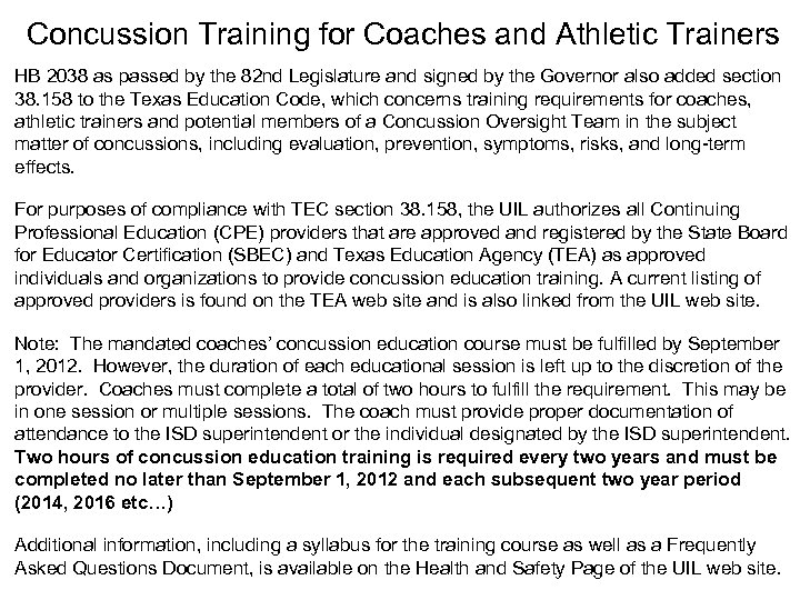 Concussion Training for Coaches and Athletic Trainers HB 2038 as passed by the 82