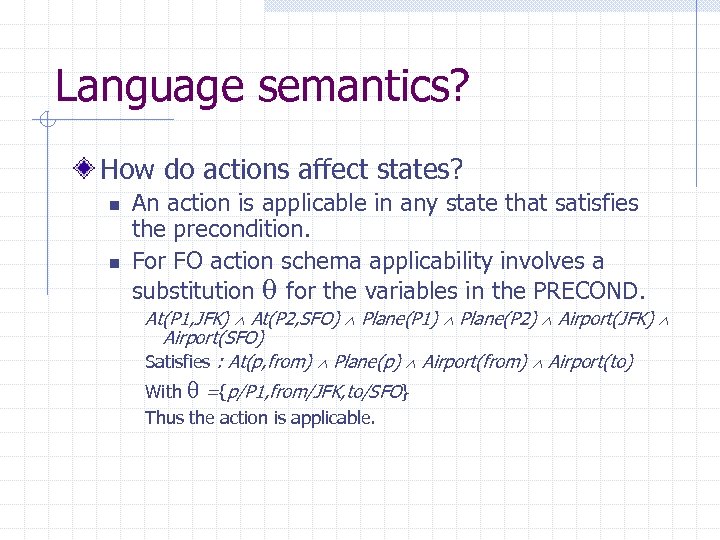 Language semantics? How do actions affect states? n n An action is applicable in