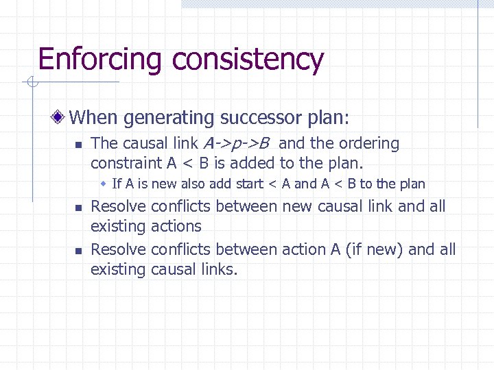 Enforcing consistency When generating successor plan: n The causal link A->p->B and the ordering