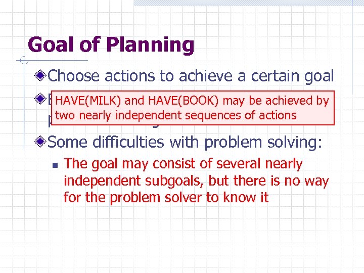 Goal of Planning Choose actions to achieve a certain goal HAVE(MILK) and HAVE(BOOK) may