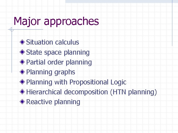 Major approaches Situation calculus State space planning Partial order planning Planning graphs Planning with