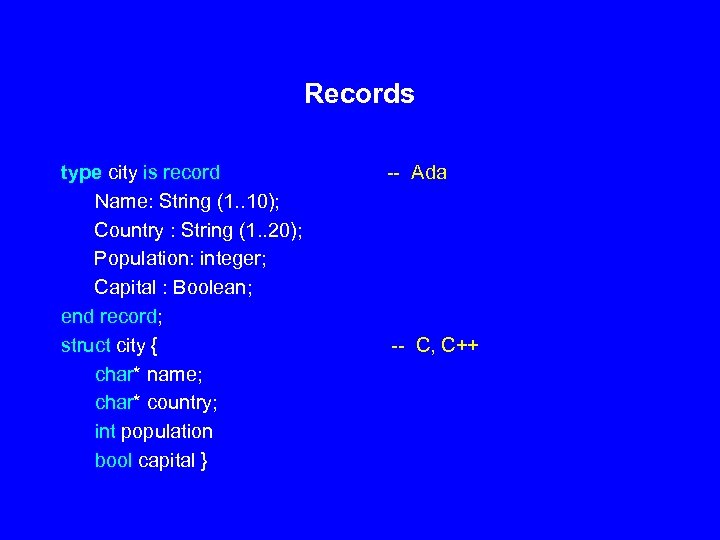 Records type city is record Name: String (1. . 10); Country : String (1.