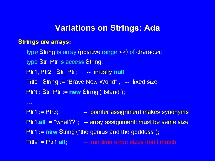 Variations on Strings: Ada Strings are arrays: type String is array (positive range <>)