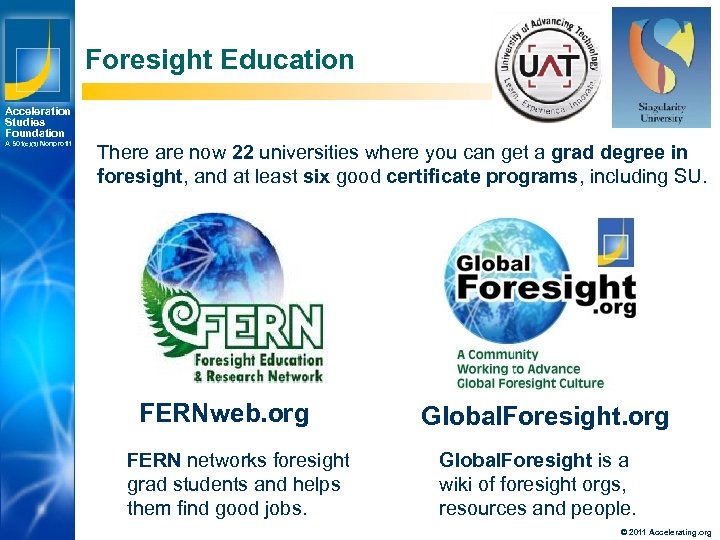 Foresight Education Acceleration Studies Foundation A 501(c)(3) Nonprofit There are now 22 universities where