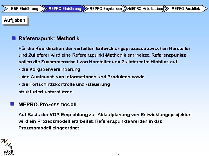 MSR-Einführung MEPRO-Ergebnisse MEPRO-Arbeitsstand MEPRO-Ausblick Aufgaben Referenzpunkt-Methodik Für die Koordination der verteilten Entwicklungsprozesse zwischen Hersteller