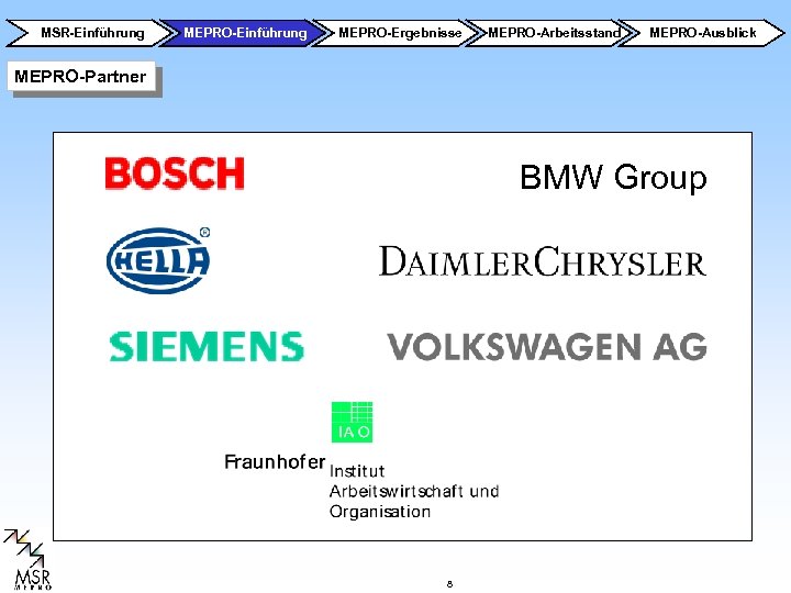 MSR-Einführung MEPRO-Ergebnisse MEPRO-Arbeitsstand MEPRO-Ausblick MEPRO-Partner BMW Group 8 