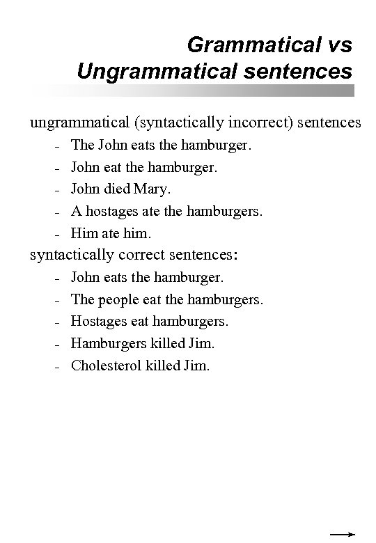 Grammatical vs Ungrammatical sentences ungrammatical (syntactically incorrect) sentences – – – The John eats