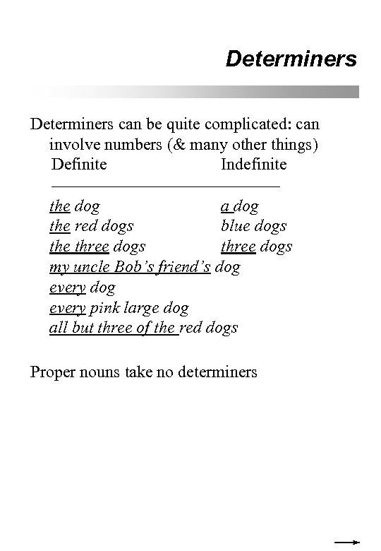 Determiners can be quite complicated: can involve numbers (& many other things) Definite Indefinite