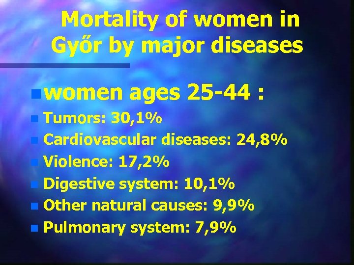 Mortality of women in Győr by major diseases n women ages 25 -44 :