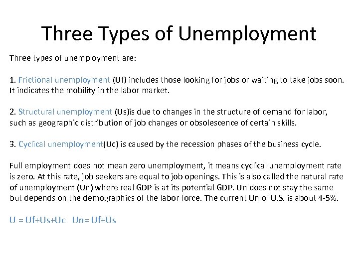 Three Types of Unemployment Three types of unemployment are: 1. Frictional unemployment (Uf) includes