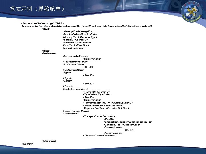 报文示例（原始舱单） <? xml version="1. 0" encoding="UTF-8"? > <Manifest xmlns="urn: Declaration: datamodel: standard: CN: [Name]: