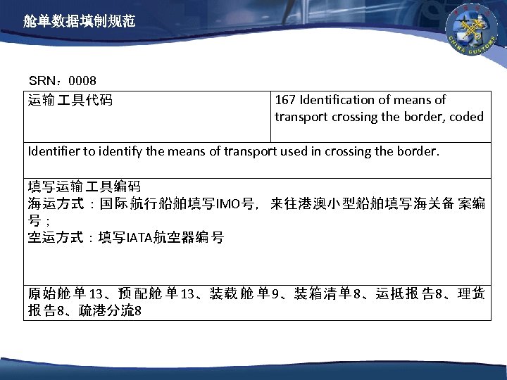 舱单数据填制规范 SRN： 0008 运输 具代码 167 Identification of means of transport crossing the border,