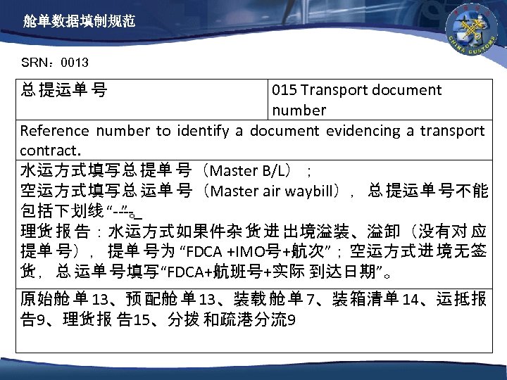 舱单数据填制规范 SRN： 0013 总 提运单 号 015 Transport document number Reference number to identify