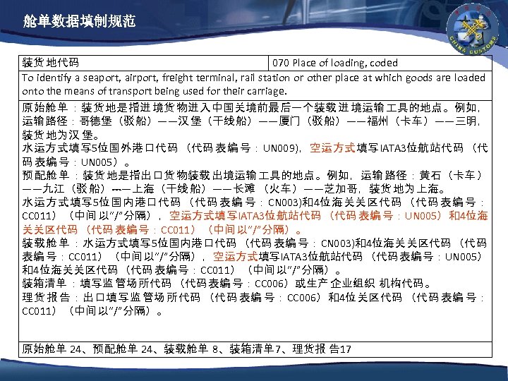 舱单数据填制规范 070 Place of loading, coded 装货 地代码 To identify a seaport, airport, freight