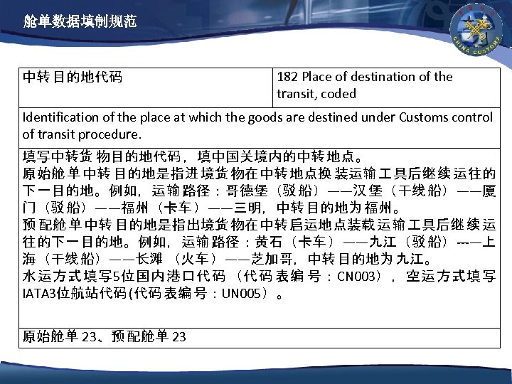 舱单数据填制规范 中转 目的地代码 182 Place of destination of the transit, coded Identification of the