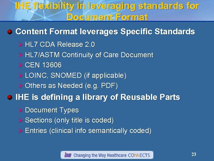 IHE flexibility in leveraging standards for Document Format Content Format leverages Specific Standards Ø