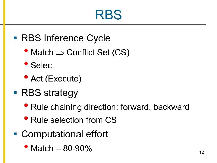 RBS § RBS Inference Cycle • Match Conflict Set (CS) • Select • Act