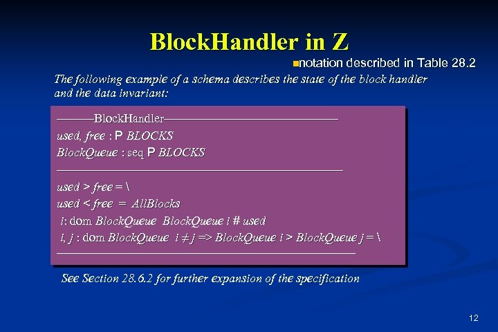 Block. Handler in Z nnotation described in Table 28. 2 The following example of