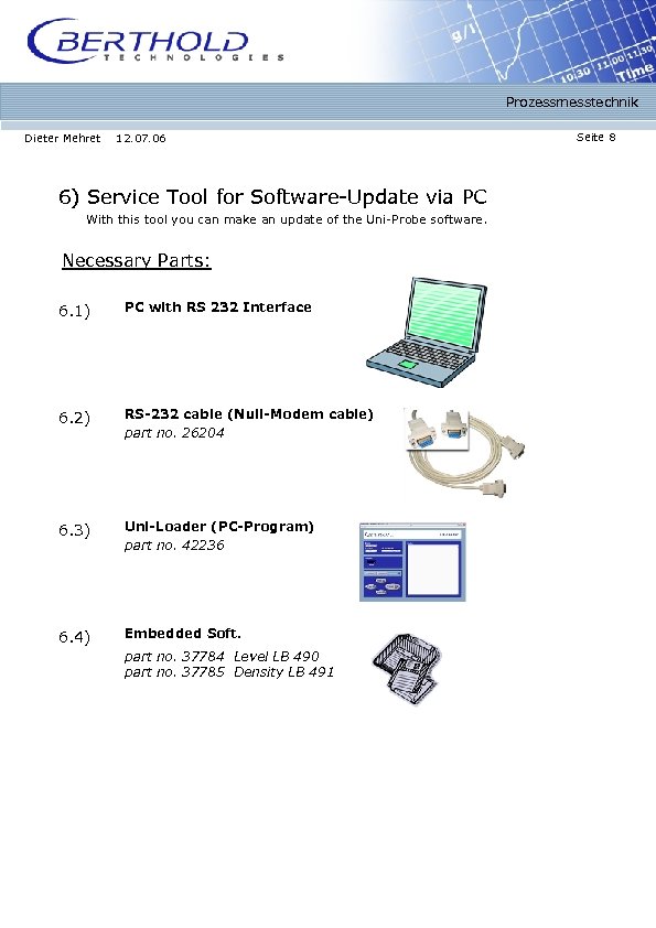 Prozessmesstechnik Dieter Mehret 12. 07. 06 6) Service Tool for Software-Update via PC With
