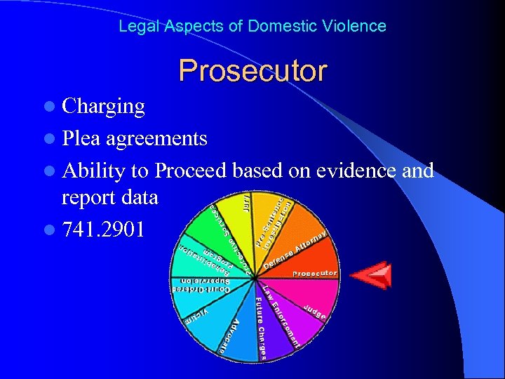 Legal Aspects of Domestic Violence Prosecutor l Charging l Plea agreements l Ability to