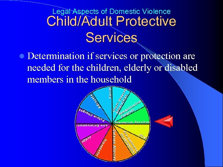 Legal Aspects of Domestic Violence Child/Adult Protective Services l Determination if services or protection