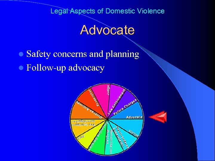 Legal Aspects of Domestic Violence Advocate l Safety concerns and planning l Follow-up advocacy
