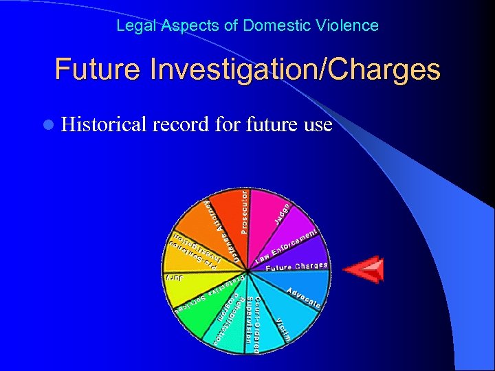 Legal Aspects of Domestic Violence Future Investigation/Charges l Historical record for future use 