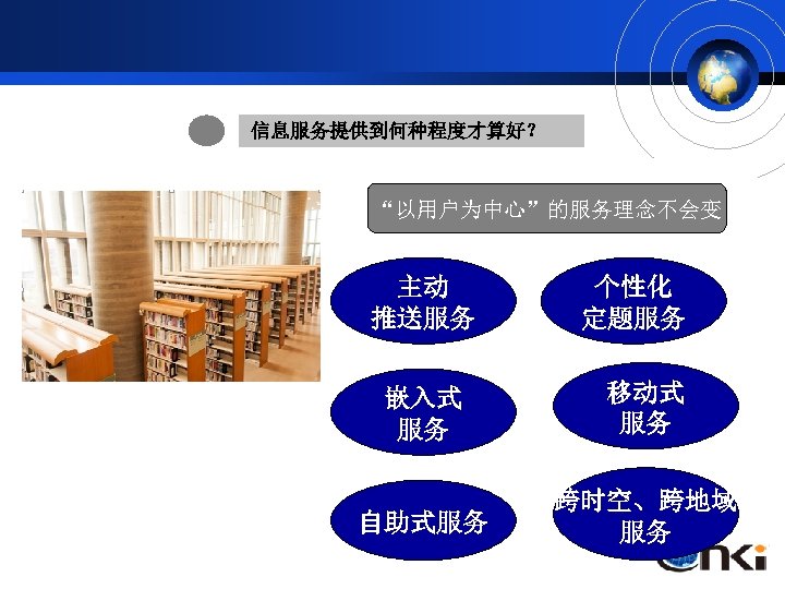 信息服务提供到何种程度才算好？ 目前信息服务的现状 “以用户为中心”的服务理念不会变 目前各信息服务商信息服务的模式， 主动 个性化 主要还是提供用户自助式获取为主。 推送服务 定题服务 但用户自身检索能力有限，自助式信 息获取很难达到用户预想的效果，基 移动式 嵌入式 于此，图书馆进而提供参考咨询和定