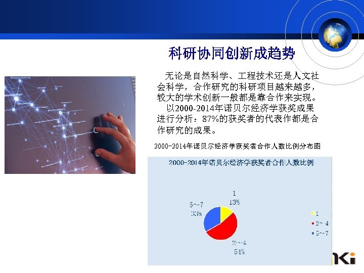科研协同创新成趋势 无论是自然科学、 程技术还是人文社 会科学，合作研究的科研项目越来越多， 较大的学术创新一般都是靠合作来实现。 以 2000 -2014年诺贝尔经济学获奖成果 进行分析： 87%的获奖者的代表作都是合 作研究的成果。 2000 -2014年诺贝尔经济学获奖者合作人数比例分布图 
