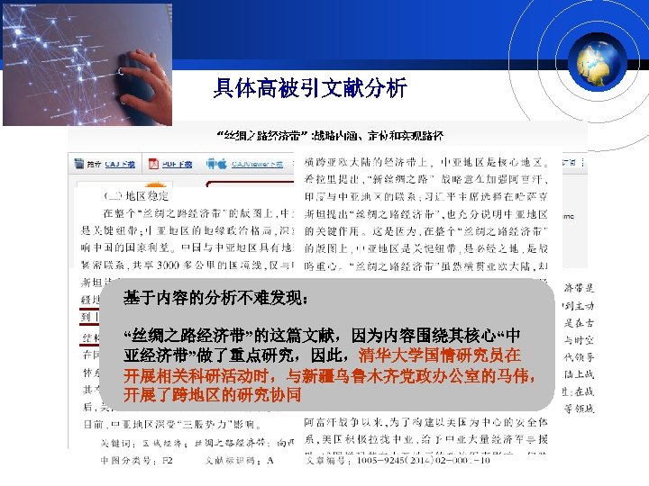 具体高被引文献分析 基于内容的分析不难发现： “丝绸之路经济带”的这篇文献，因为内容围绕其核心“中 亚经济带”做了重点研究，因此，清华大学国情研究员在 开展相关科研活动时，与新疆乌鲁木齐党政办公室的马伟， 开展了跨地区的研究协同 