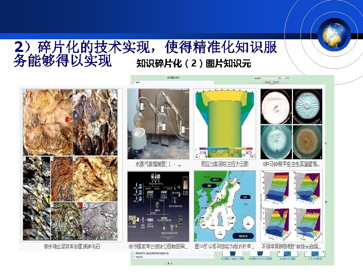 2）碎片化的技术实现，使得精准化知识服 务能够得以实现 知识碎片化（2）图片知识元 图像检索 技术：碎 片化图像 处理技术， 通过图形、 颜色进行 描述、匹 配 