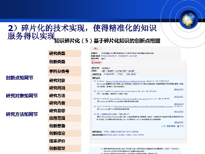 2）碎片化的技术实现，使得精准化的知识 服务得以实现知识碎片化（5）基于碎片化知识的创新点挖掘 研究类型 创新类型 学科分类号 创新点知网节 研究对象 研究问题 研究对象知网节 研究方法 研究内容 研究方法知网节 研究目标 应用范围
