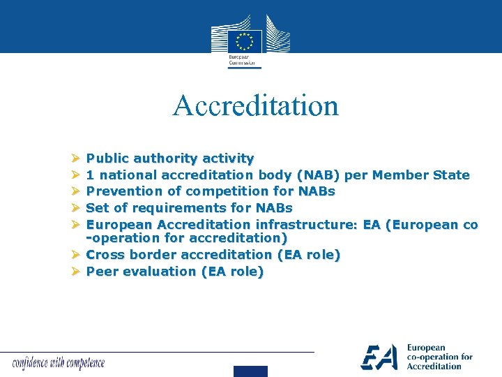 Accreditation Public authority activity 1 national accreditation body (NAB) per Member State Prevention of