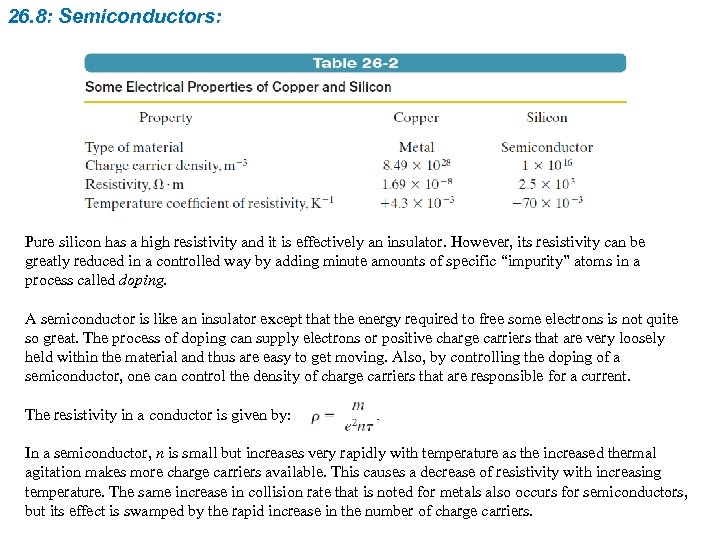 26. 8: Semiconductors: Pure silicon has a high resistivity and it is effectively an