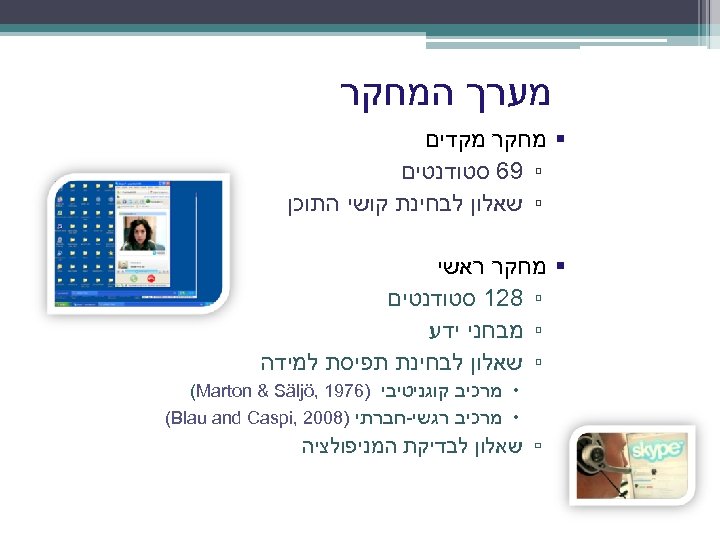  מערך המחקר § מחקר מקדים ▫ 96 סטודנטים ▫ שאלון לבחינת קושי התוכן