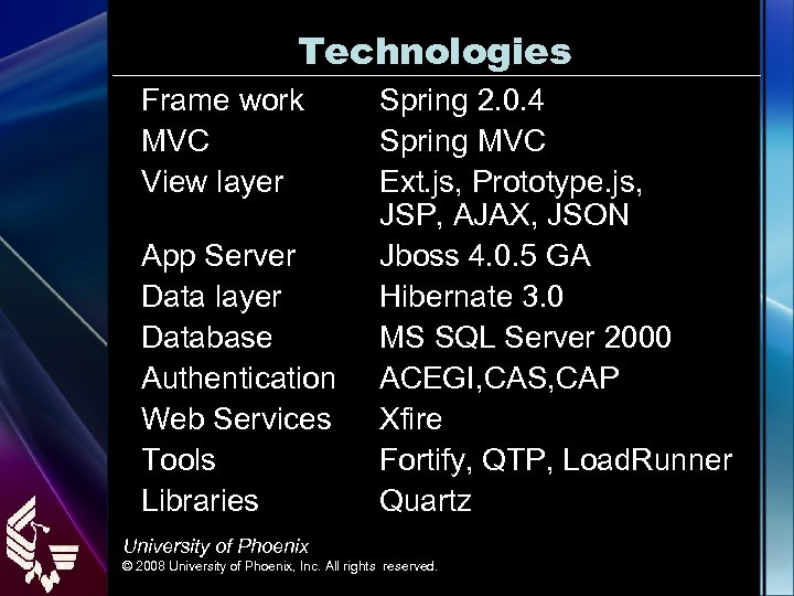 Technologies Frame work MVC View layer App Server Data layer Database Authentication Web Services