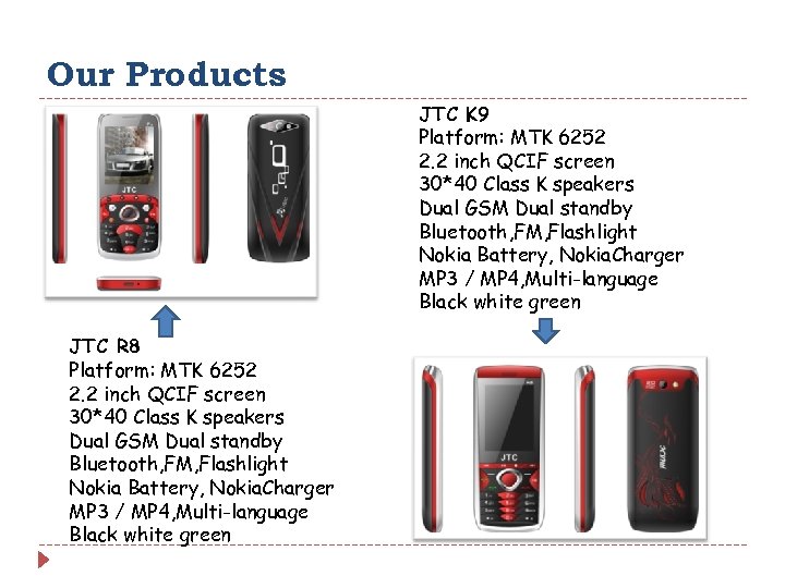 Our Products JTC K 9 Platform: MTK 6252 2. 2 inch QCIF screen 30*40