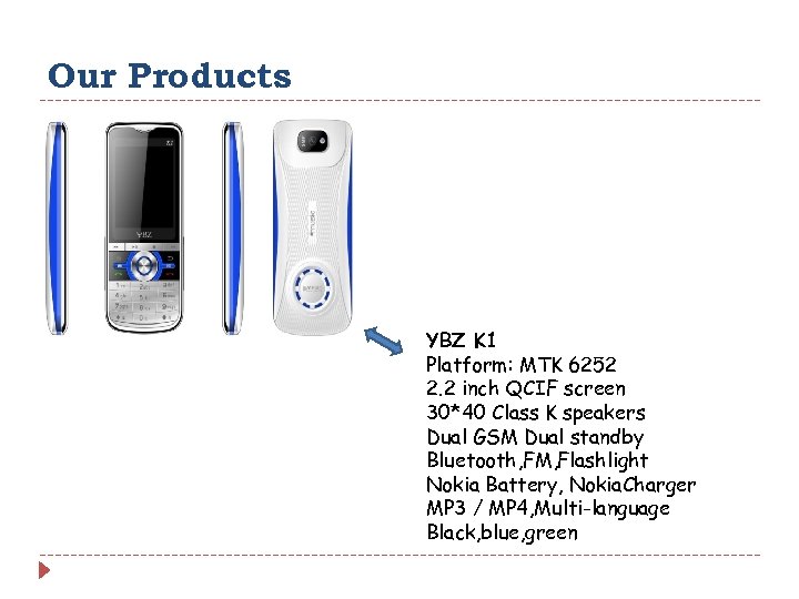Our Products YBZ K 1 Platform: MTK 6252 2. 2 inch QCIF screen 30*40