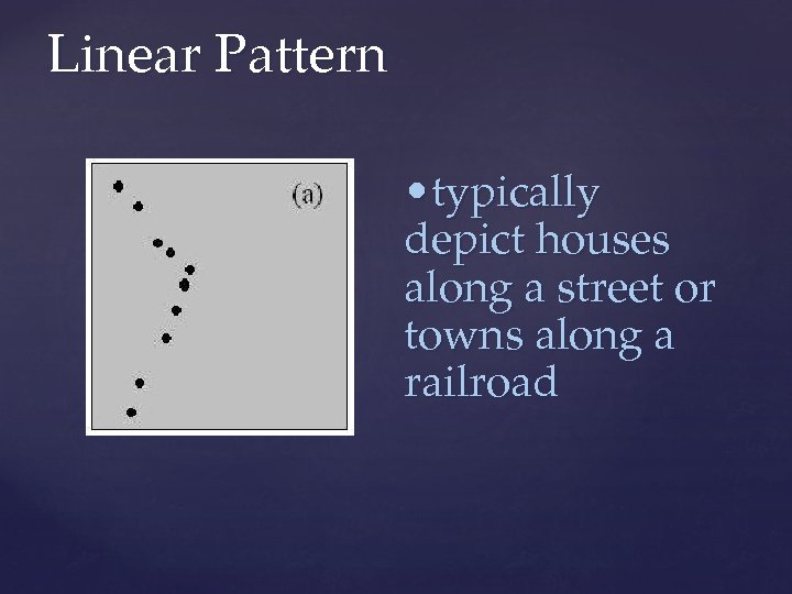 Linear Pattern • typically depict houses along a street or towns along a railroad