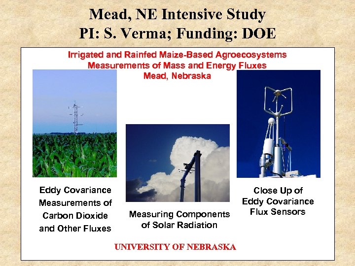 Mead, NE Intensive Study PI: S. Verma; Funding: DOE Irrigated and Rainfed Maize-Based Agroecosystems