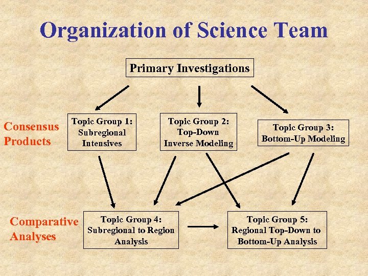 Organization of Science Team Primary Investigations Consensus Products Topic Group 1: Subregional Intensives Comparative