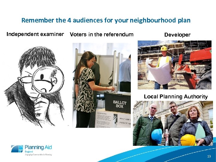 Remember the 4 audiences for your neighbourhood plan Independent examiner Voters in the referendum