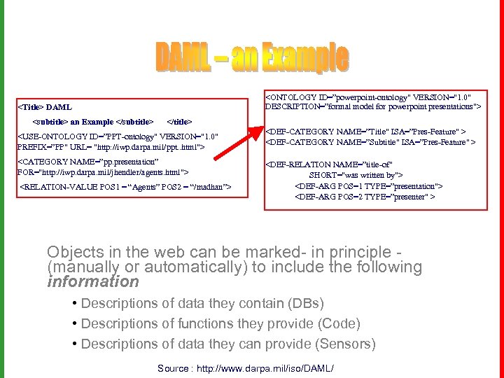 <ONTOLOGY ID=”powerpoint-ontology" VERSION="1. 0" DESCRIPTION=”formal model for powerpoint presentations"> <Title> DAML <subtitle> an Example