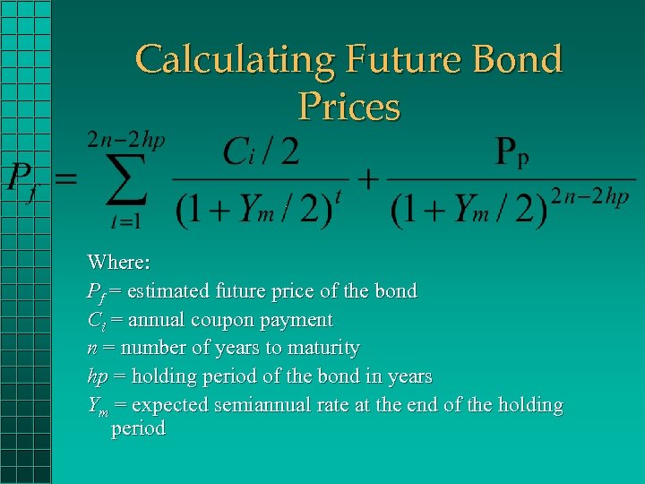 Calculating Future Bond Prices Where: Pf = estimated future price of the bond Ci