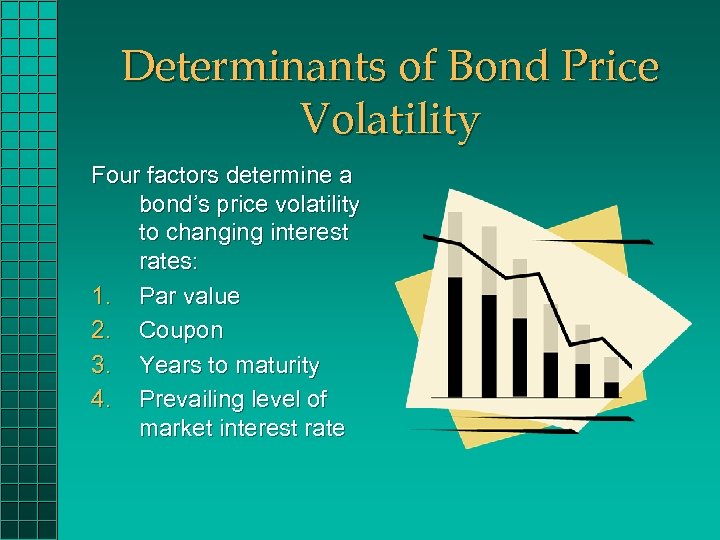 Determinants of Bond Price Volatility Four factors determine a bond’s price volatility to changing