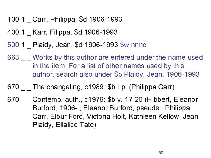 100 1 _ Carr, Philippa, $d 1906 -1993 400 1 _ Karr, Filippa, $d