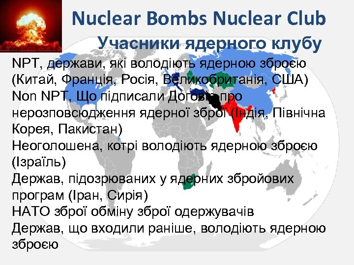 Nuclear Bombs Nuclear Club Учасники ядерного клубу NPT, держави, які володіють ядерною зброєю (Китай,