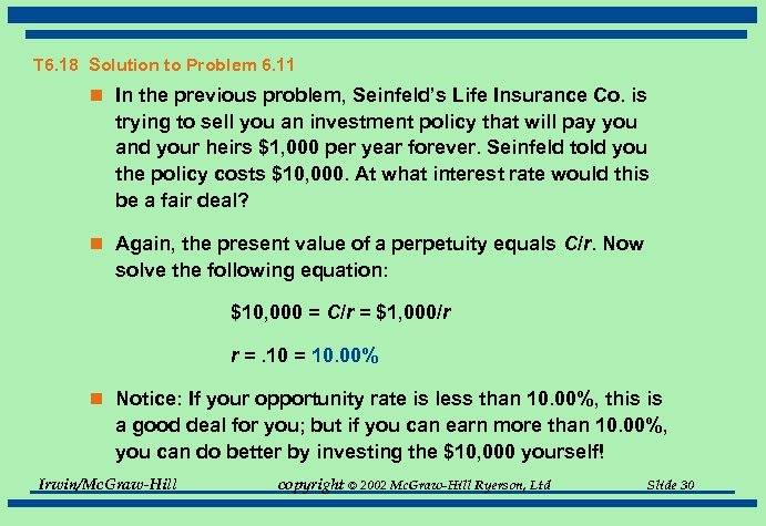 T 6. 18 Solution to Problem 6. 11 n In the previous problem, Seinfeld’s